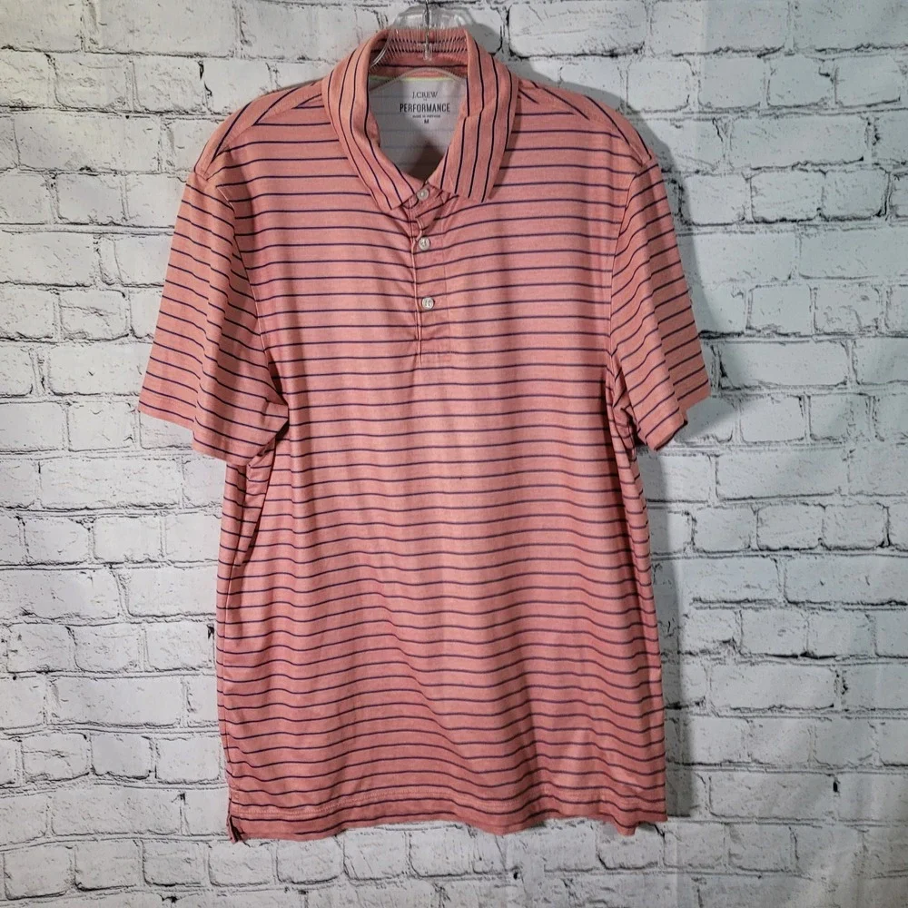 J.Crew Performance Polo Mens Medium Pink Blue Striped Excellent BQ005 Stretch